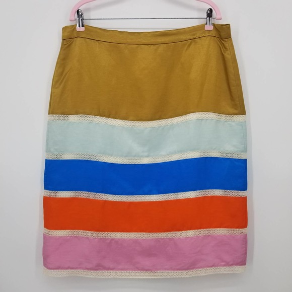 J. Crew Dresses & Skirts - J Crew Colorblock Crochet Ribbon Pencil Skirt 16 Linen Cupro AO809 Blue Pink